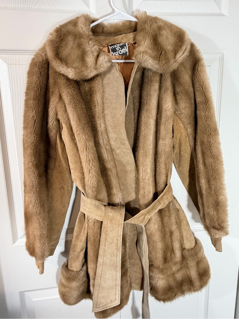 Vintage Lilli Ann Faux Fur real Suede Leather Belted Coat Tan Women Medium plush